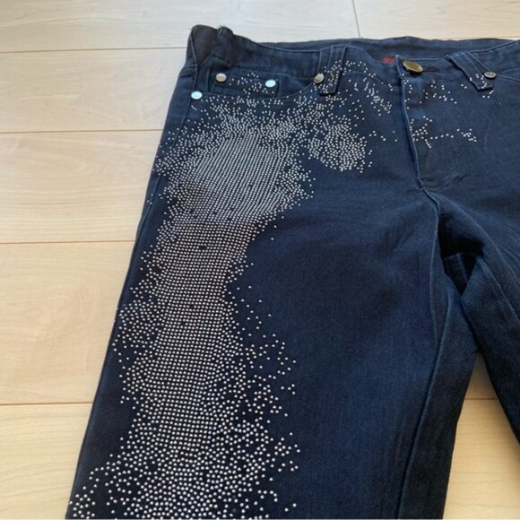 Simon Chang women black beaded jeans straight leg mid rise silver studs size 6 - Picture 3 of 14
